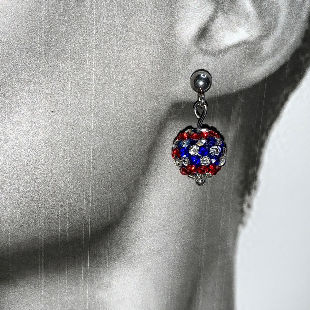 Swivel Red White Blue Czech Crystal Ball Earrings on Stud Post Short Dangle